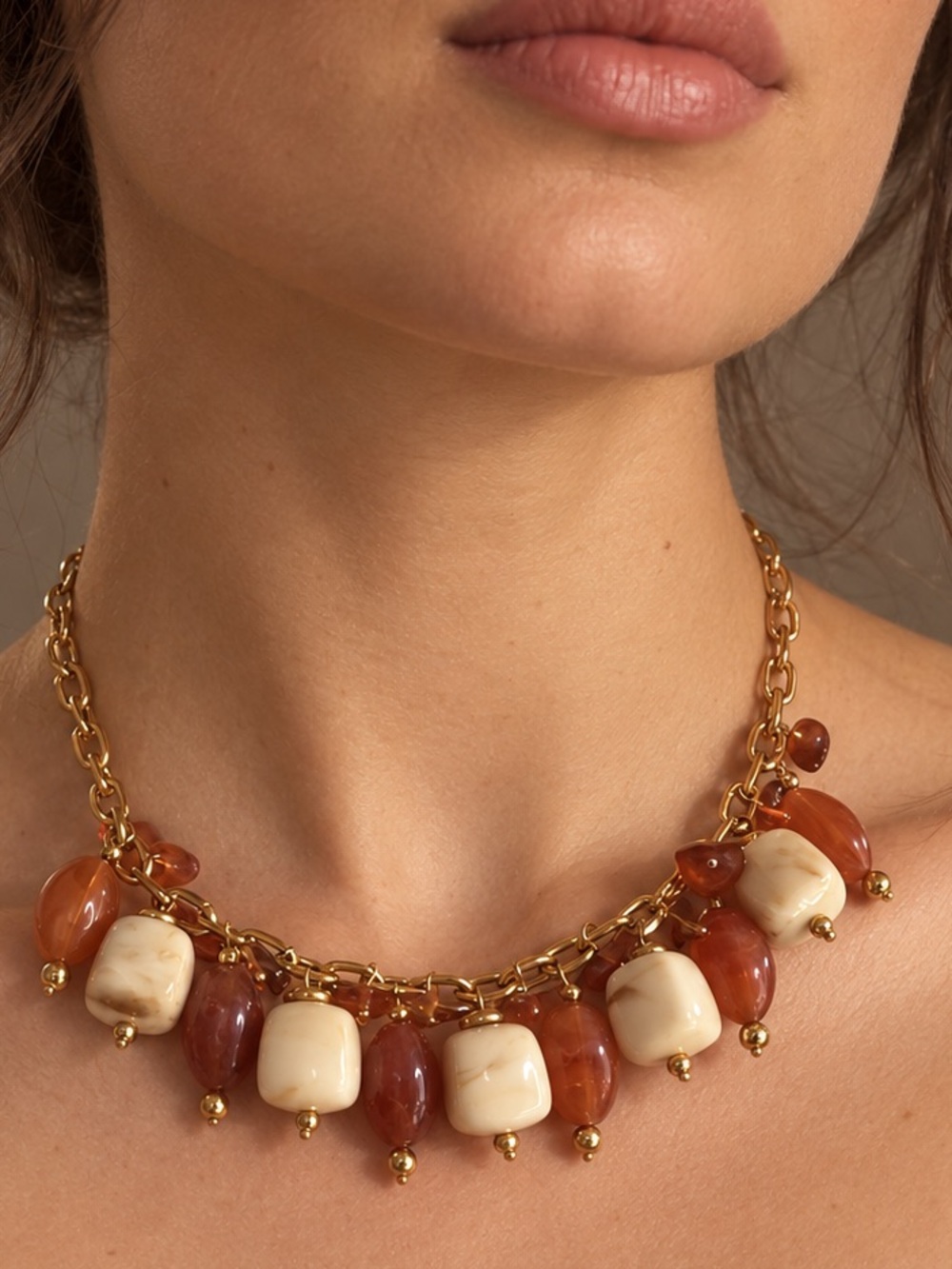 Sweet Autumn Necklace with Amber and Cream Beads Beaded Chunky Necklace